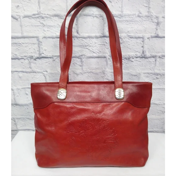 Vintage Marino Orlandi Italian Red Leather Embossed Floral Shoulder Bag - Picture 2 of 14